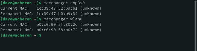 Using macchanger to show the current MAC addresses for the Ethernet and Wi-Fi connections