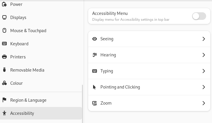 The Fedora 38 Settings application Accessibility pane