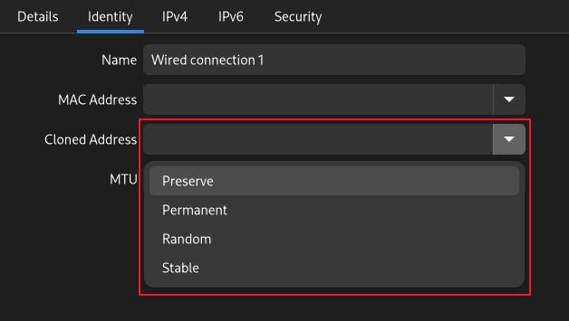 The GNOME network connection Identity tab in the Settings application