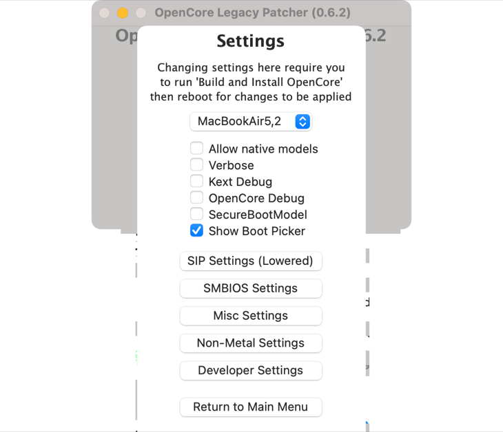 OpenCore Legacy Patcher settings menu