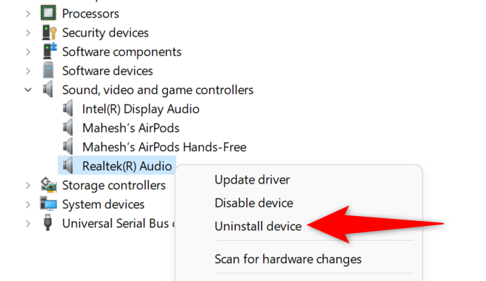 Click &ldquo;Uninstall Device&rdquo; in the menu.