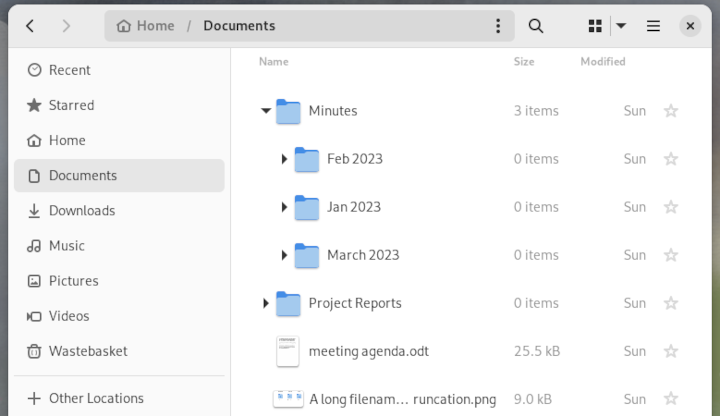 The Fedora 38 GNOME file browser with expandable directories in list view