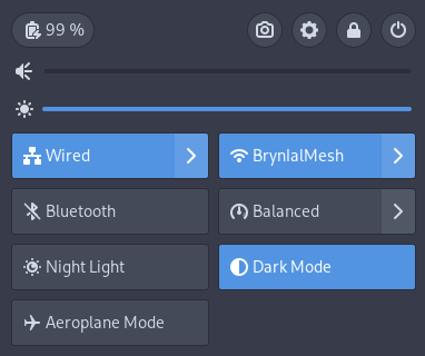 The GNOME quick settings menu with the Bluetooth button greyed out