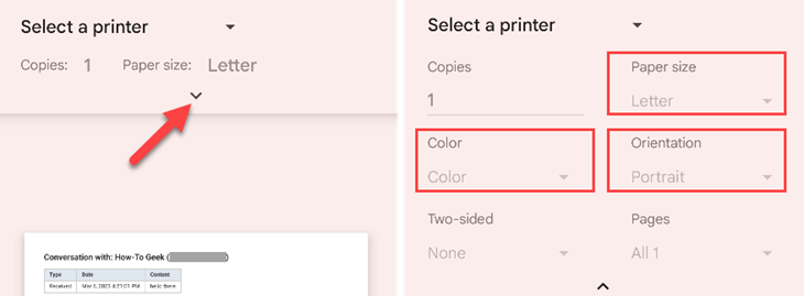 Android print options.