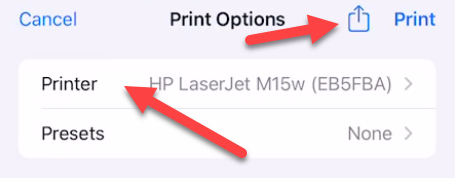 Select your printer or tap the share icon to save as PDF.