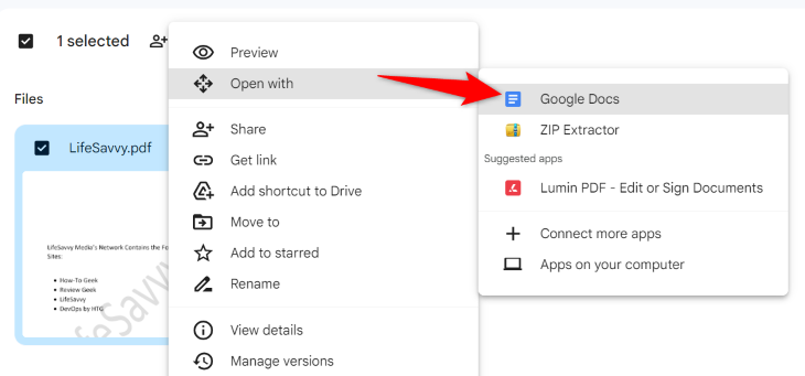 Select Open With &gt; Google Docs.