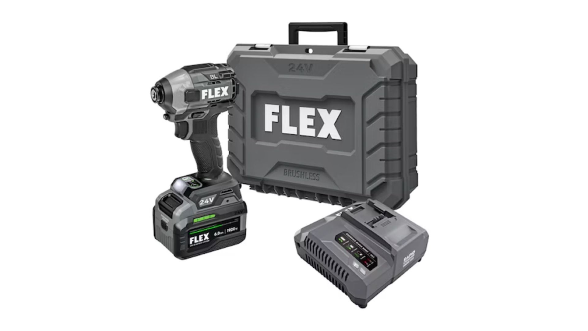 FLEX 24V tool, charger, and storage box.