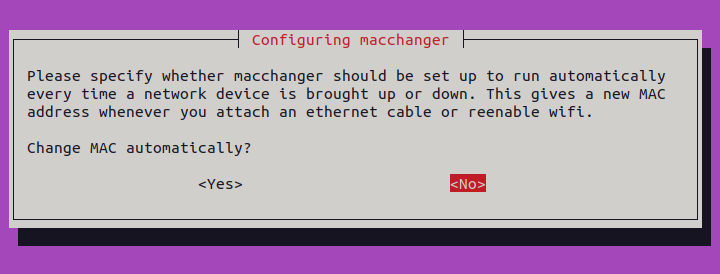 The macchanger installation options screen