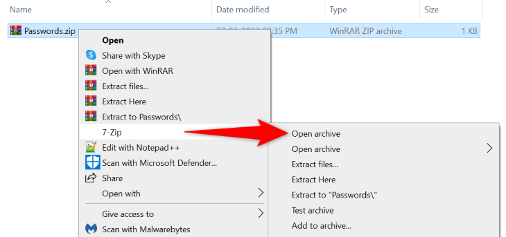 Select 7-Zip &gt; Open Archive.