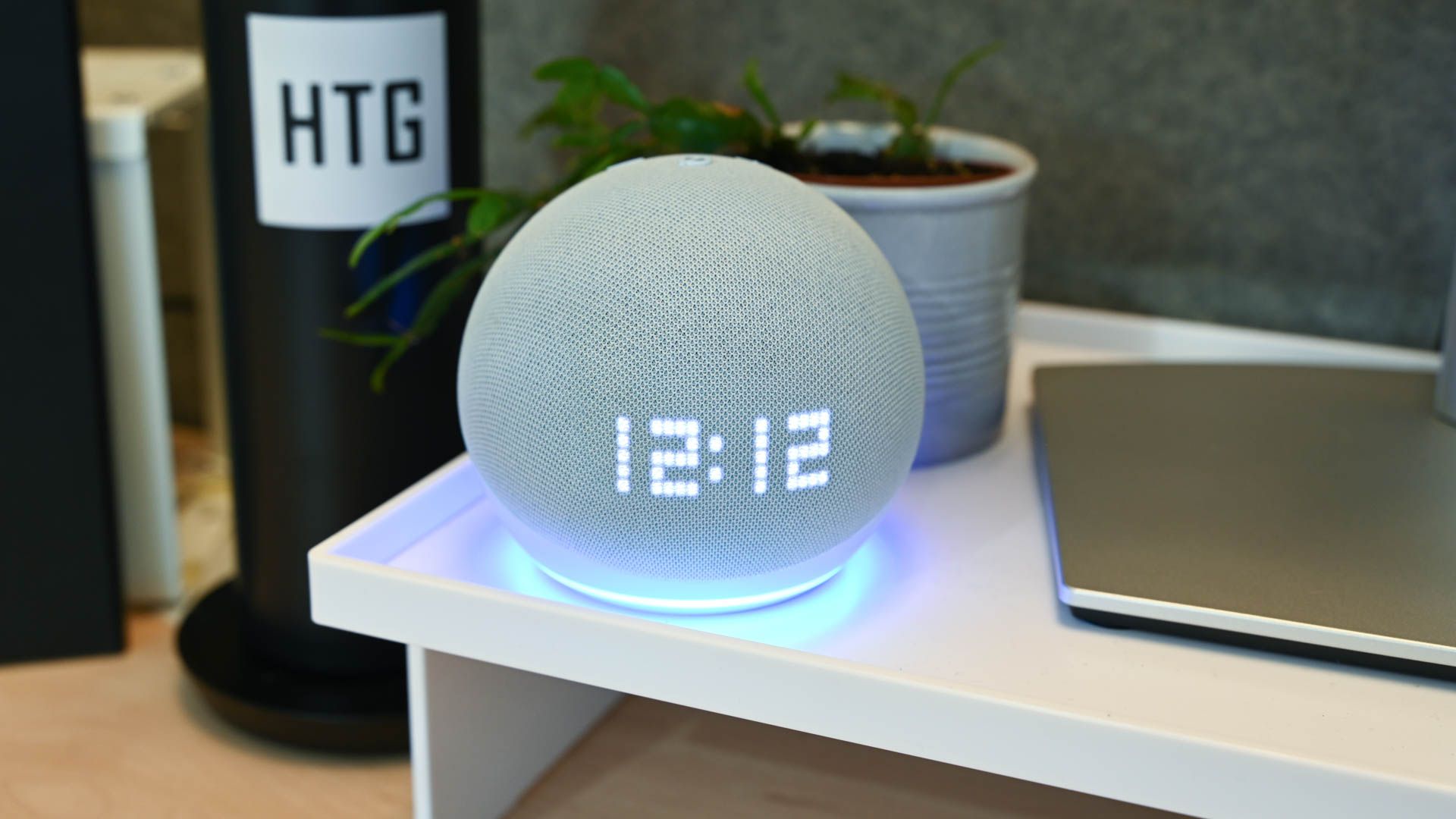 The Amazon Alexa Dot 5th Gen displaying the time