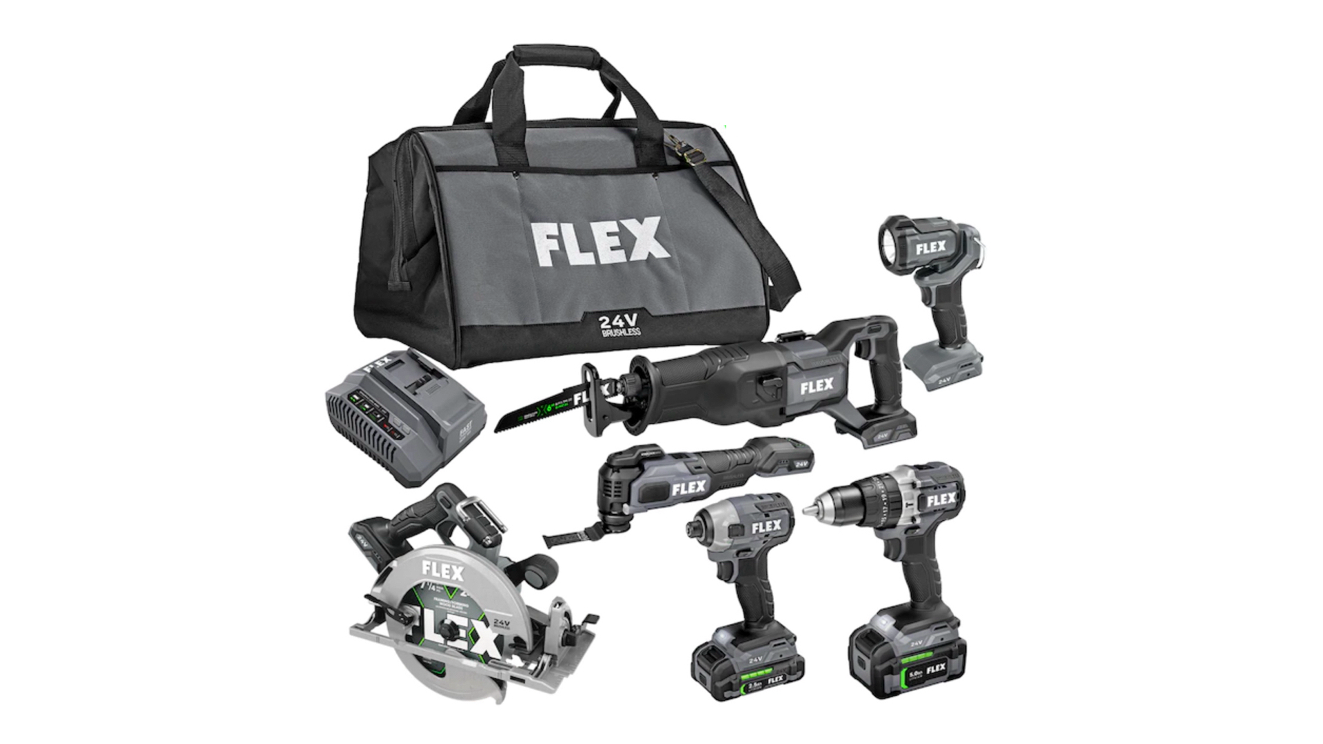 FLEX six tool set, battery, and charger.