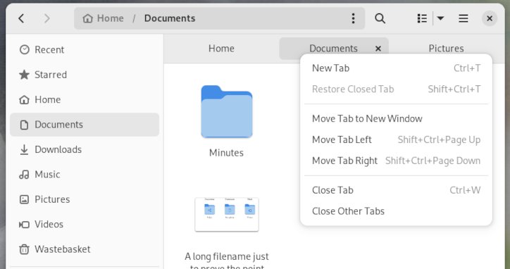 The Fedora 38 file browser tab context menu