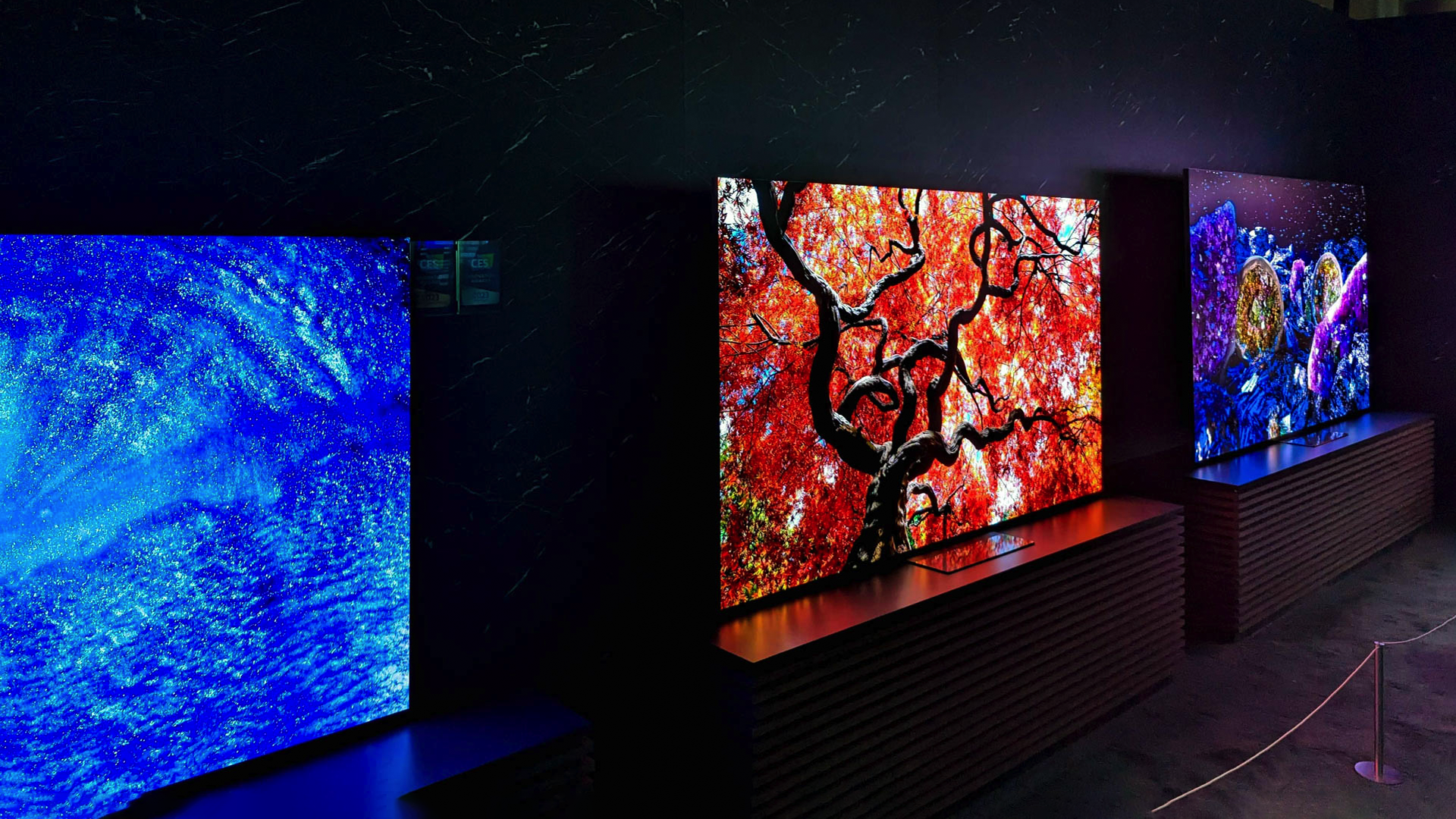 A lineup of Samsung OLED TVs at CES 2023.