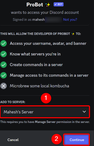 Select the server and choose "Continue."