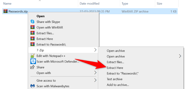 Select 7-Zip &gt; Extract Here.