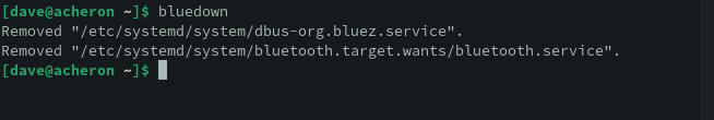 Using the bluedown shell function to turn off and disable bluetooth