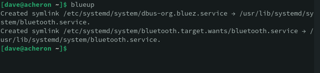 Using the blueup shell function to start and enable the bluetooth service