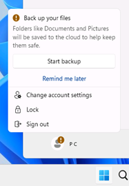 Screenshot of Start Menu with warning about backing up files