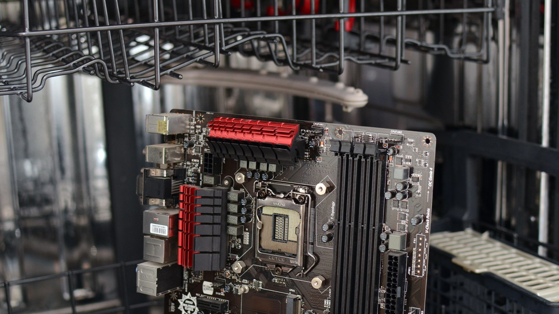 A motherboard in a dishwasher.