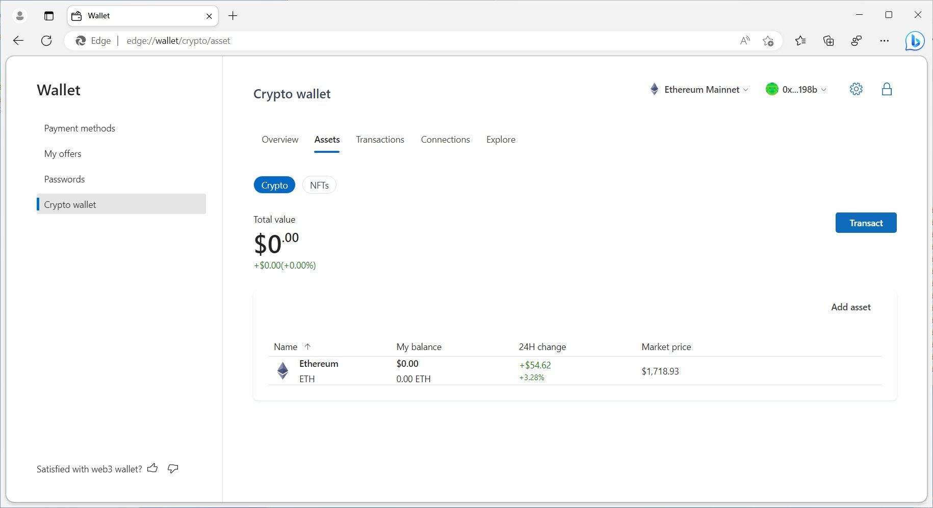 Microsoft Edge screenshot with Crypto wallet open