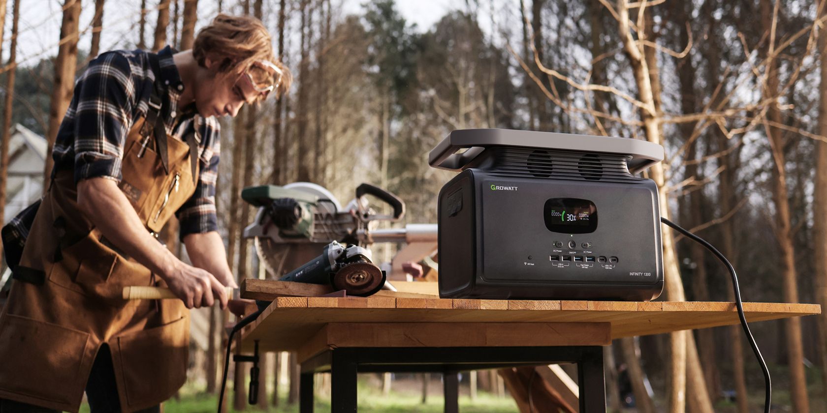Man using power tools powered by a Growatt INFINITY 1300 portable generator