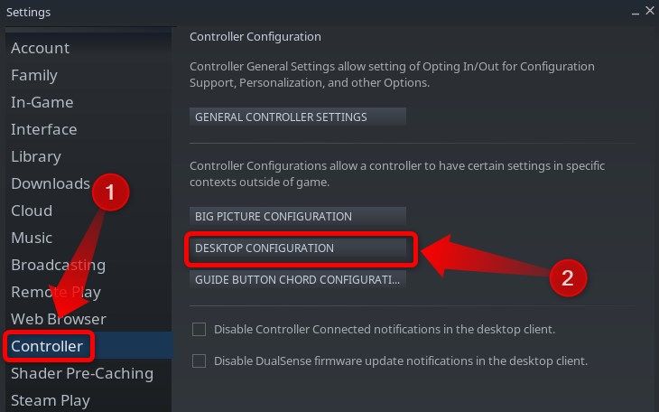 Next, locate the Controller tab, click it, and then click on the Desktop Configuration button located to the right of the Controller tab