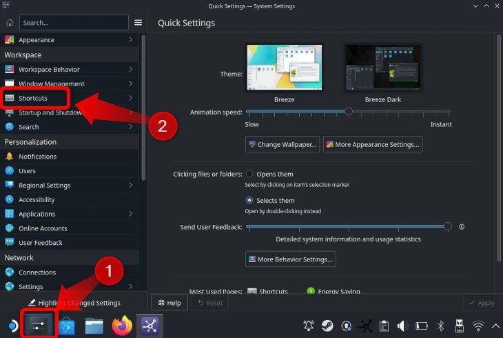 To create Custom Steam Deck Keyboard Shortcuts first open Quick Settings and then click the Shortcuts tab