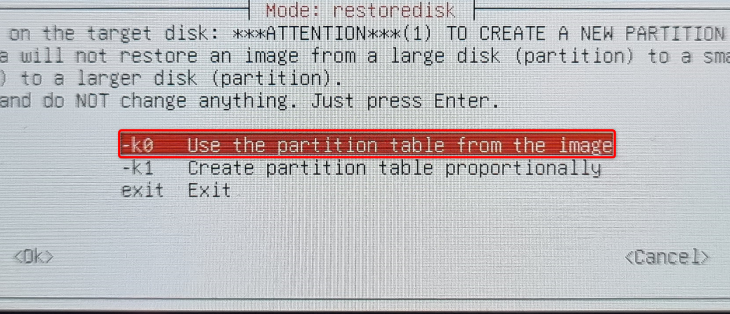 Select "Use the partition table from the image" in Clonezilla.