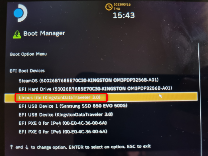Pick the linpus Lite boot device in Steam Deck boot manager