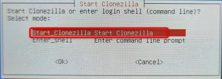 Select the first option, to start CLonezilla