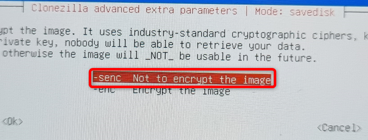You should select not to encrypt the back up image, but you can pick the second option and encrypt the clone image if you want to
