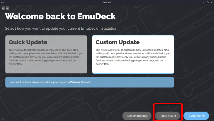 To access Steam Rom Manager open Emudeck and click the &quot;Tools &amp; Stuff&quot; button.