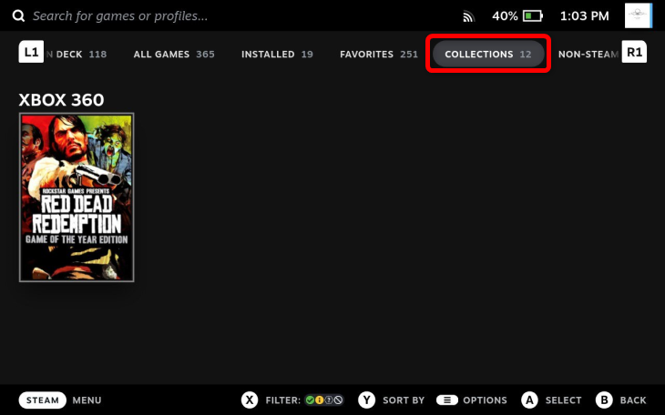 To see your Xbox 360 games while in game mode press Steam button &gt; Library &gt; Collections.