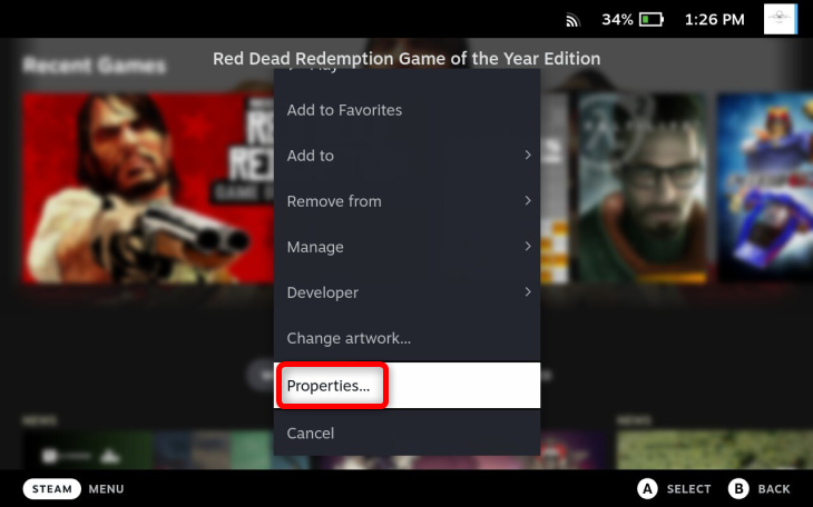 Select the Xbox 360 game you want to play, press the start button and then press the Properties button.