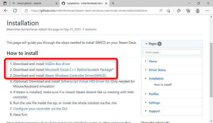 Visit the SWICD GitHub page and download the ViGEm bus driver, Microsoft Visual C++ Redistributable package and Steam Windows Controller Driver (SWICD)