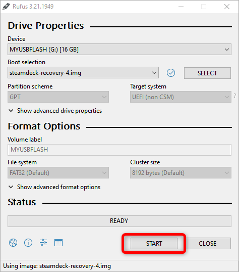 Once you&rsquo;ve loaded your SteamOS image press the Start button to start creating the bootable flash drive