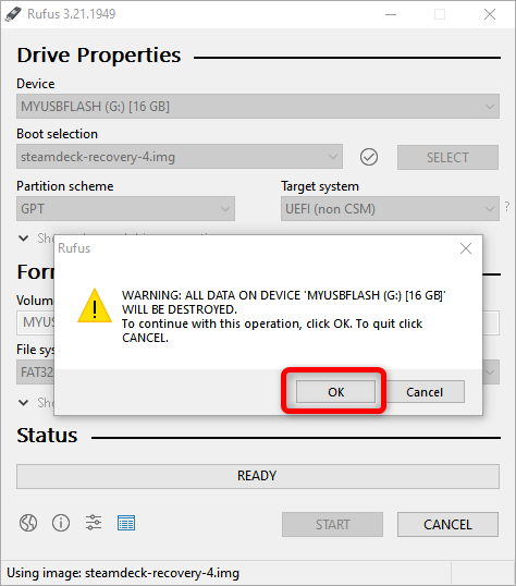 When Rufus warns you it will delete all data on the selected drive press OK to continue