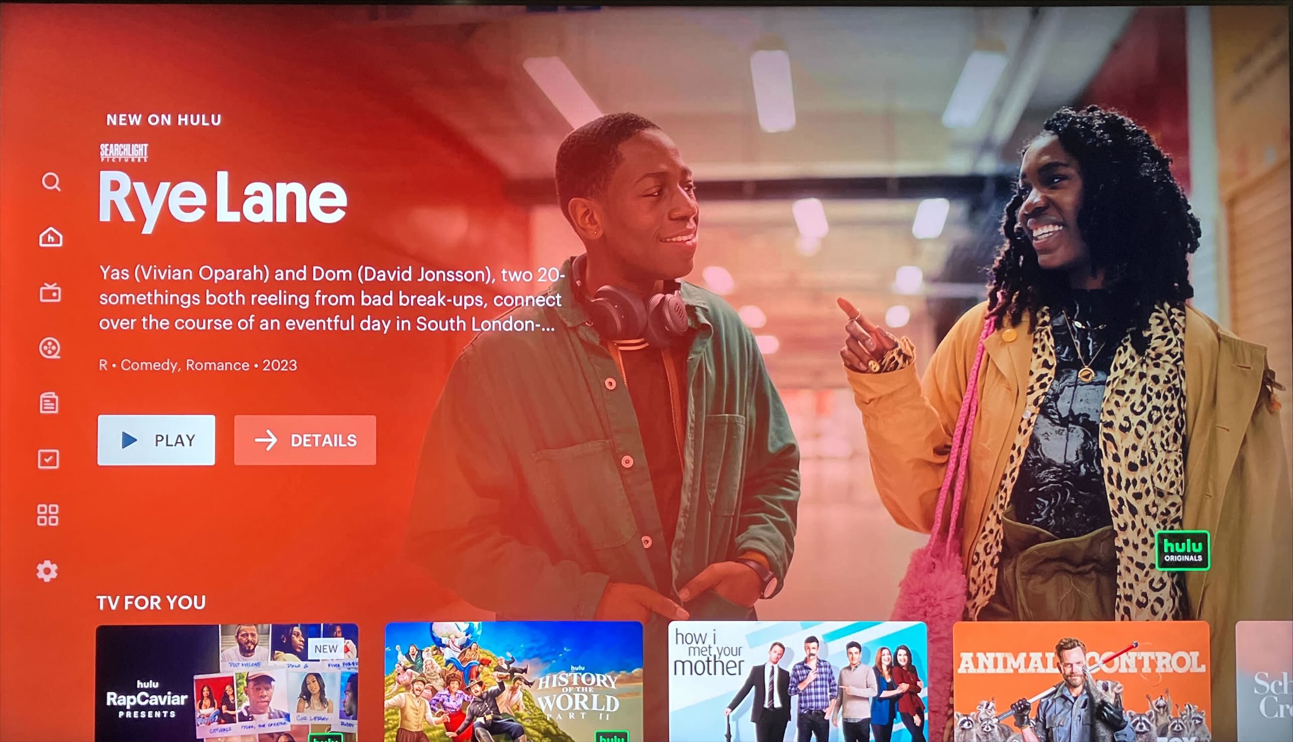 Hulu TV app with sidebar