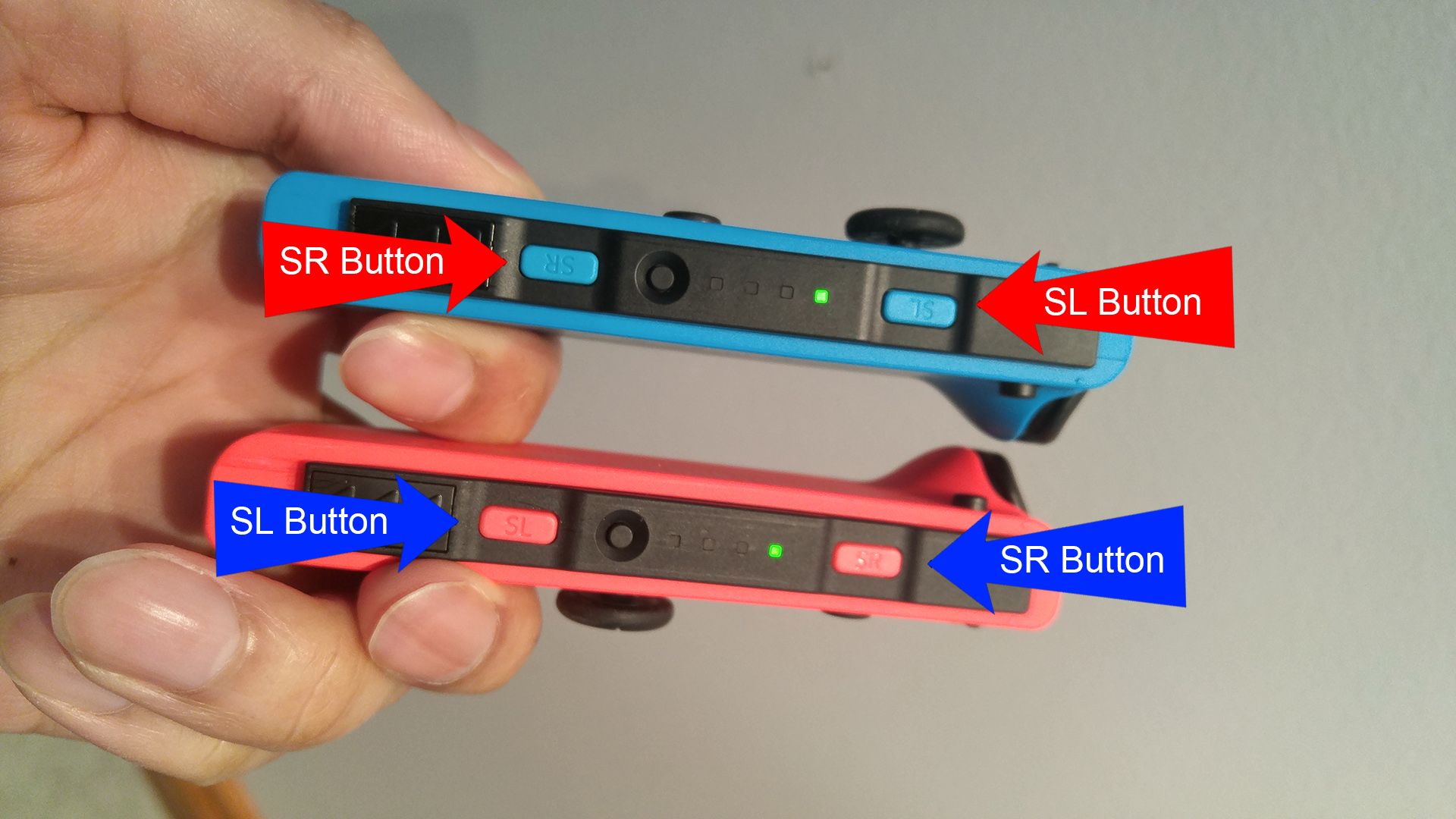 Red and blue arrows pointing at SL and SR buttons on two Joy-Cons.