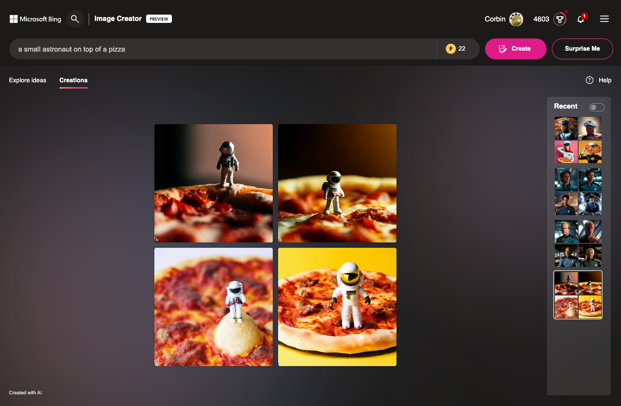 Images with prompt &ldquo;a small astronaut on top of a pizza&rdquo;