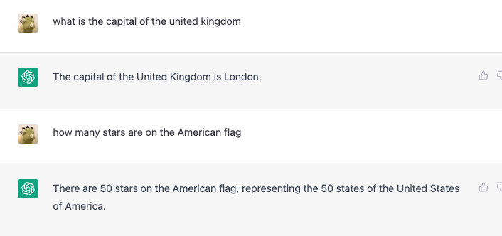 ChatGPT answering the UK capital and how many stars are on the US flag
