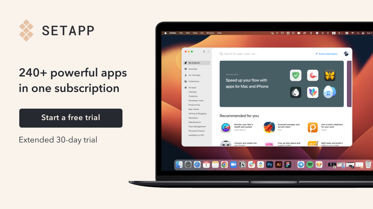 Promotional graphic featuring Setapp, a subscription service for Mac that includes 240+ powerful apps