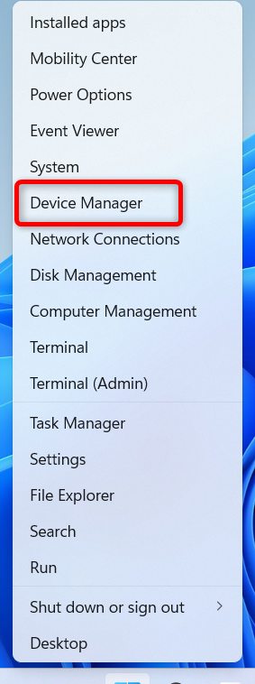 To Access Windows Device Manager right click the Start button and then click on the Device Manager