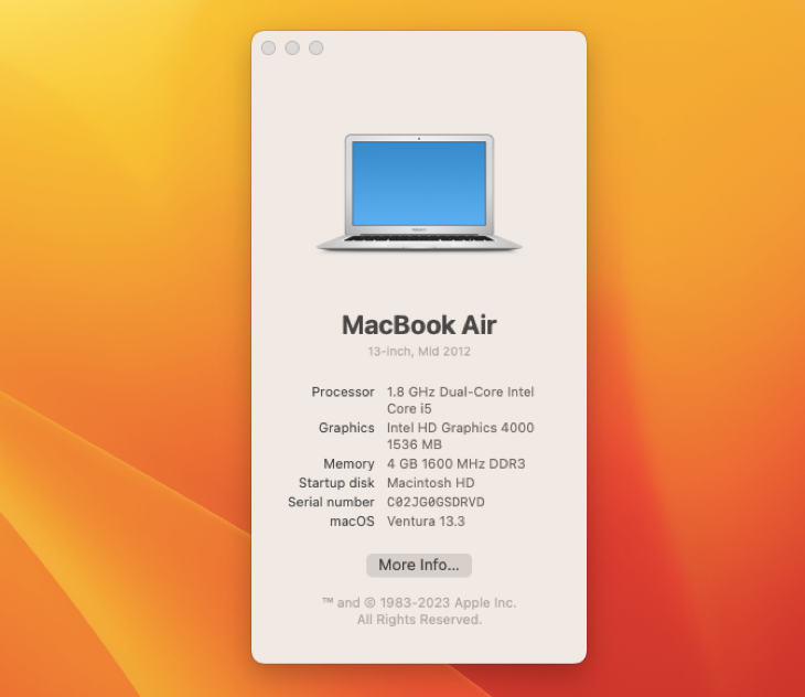 macOS 13 Ventura (from 2022) running on a mid-2012 MacBook Air