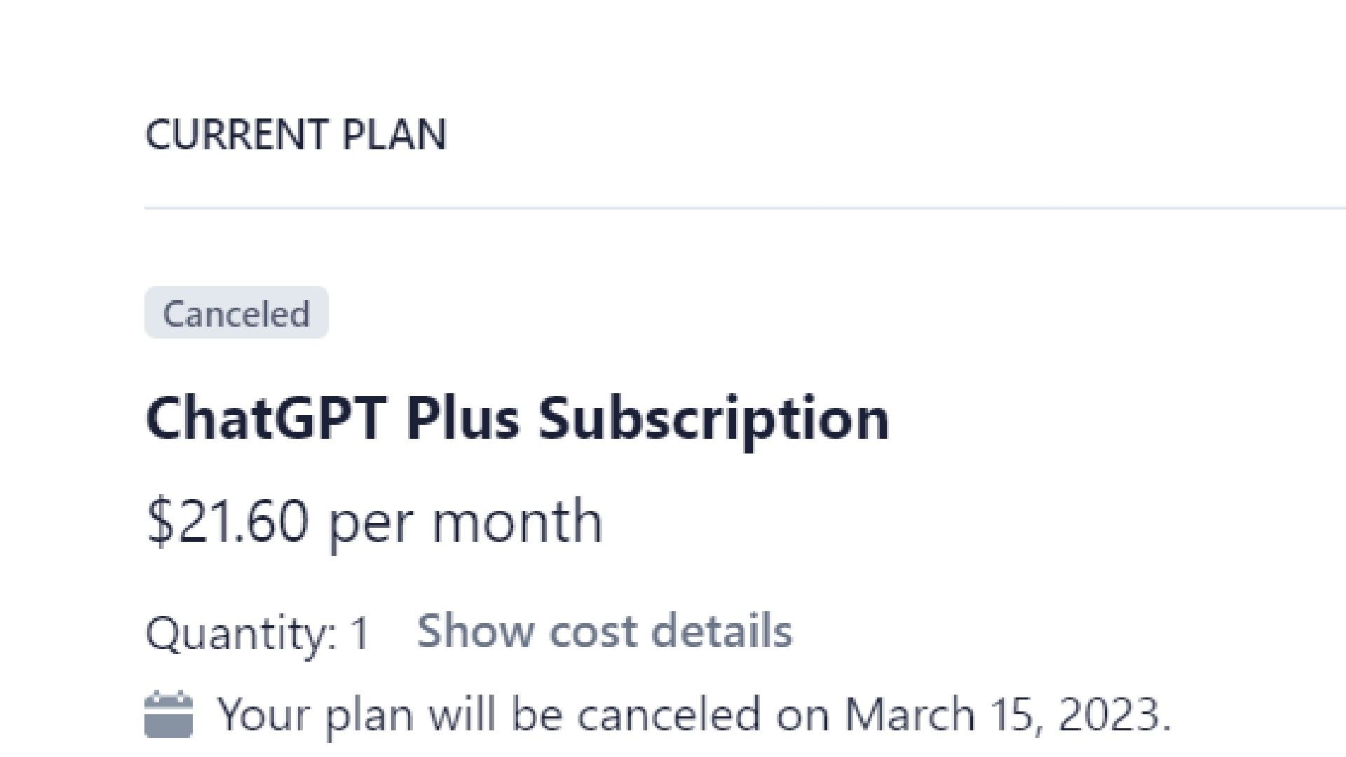 Screen showing a ChatGPT plus Plan has been canceled