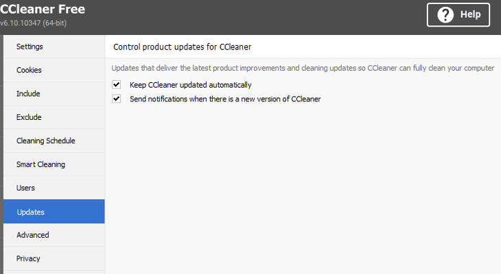 the fixed update settings in CCleaner