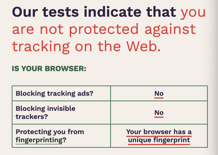 Chrome results for the EFF's Cover Your Tracks test