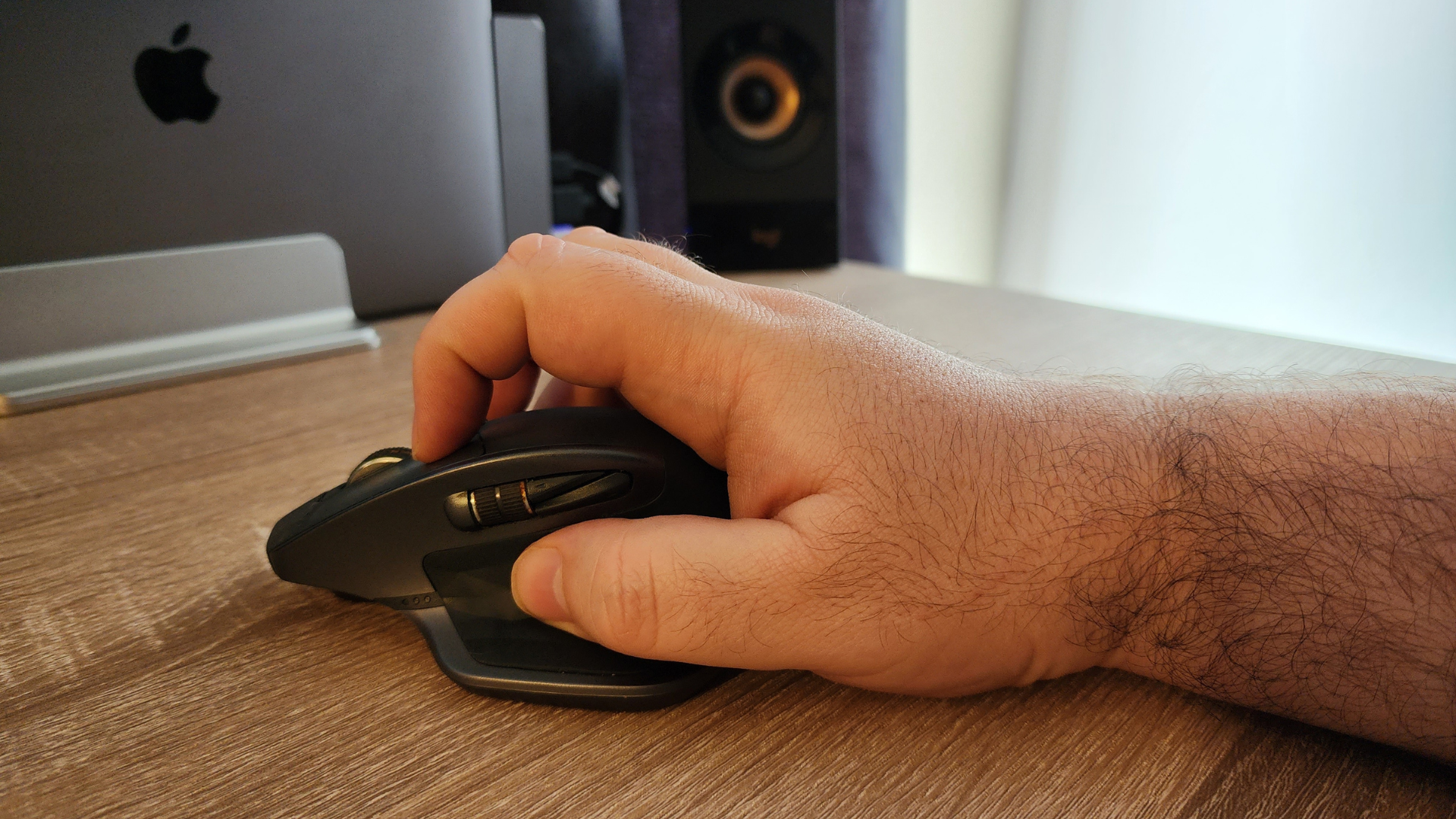 Hand resting on mouse in claw grip