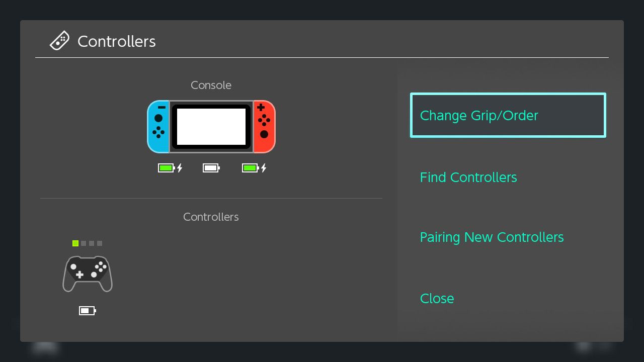 Hovering over the "Change Grip/Order" option in the Nintendo Switch's "Controllers" menu.