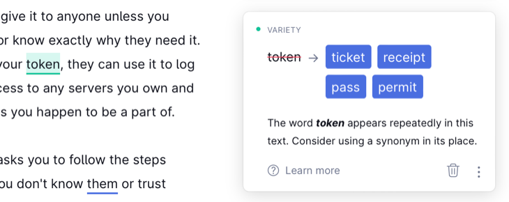 Grammarly's word variety suggestion tool